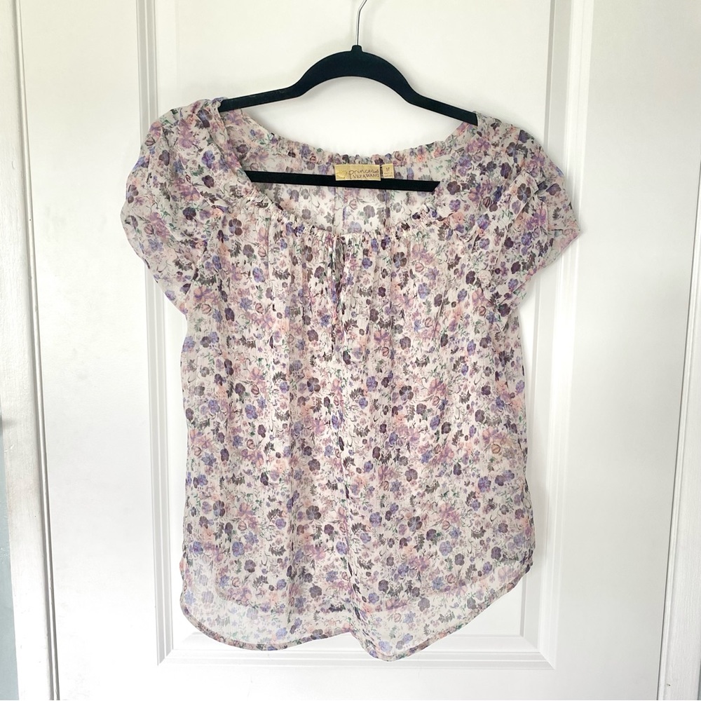 Pretty Pink & Purple Floral Short Sleeve Blouse Size Medium, Excellent Condition